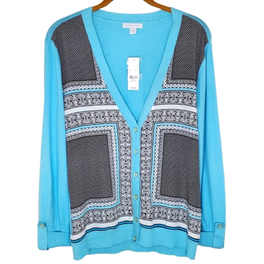 NWT New York & Company Cardigan Button Down 3/4 Sleeve Light Blue Geo Print Sz M